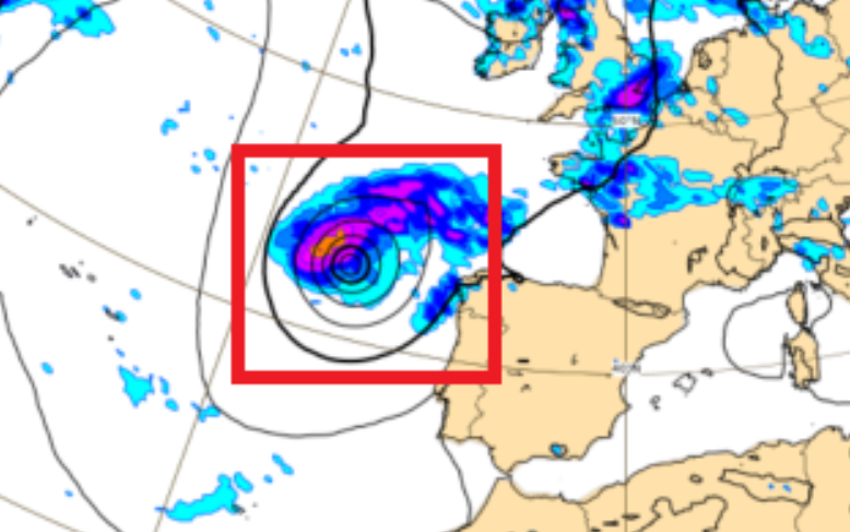 Previsiu00f3n para el 8 de septiembre al mediodu00eda en un mapa de la Revista del Aficcionado a la Meteorologu00eda elaborado con el modelo de previsiu00f3n de la Uniu00f3n Europea ECMWF