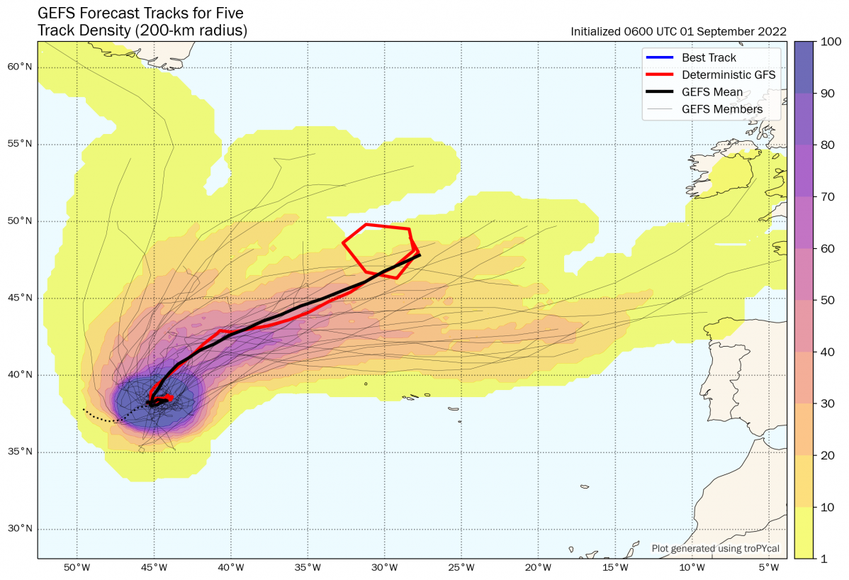Previsiu00f3n a cinco du00edas de la evoluciu00f3n de Danielle segu00fa el mapa elaborado por Tomas Burg con todas las trayectorias mu00e1s probables y la media marcada en negro
