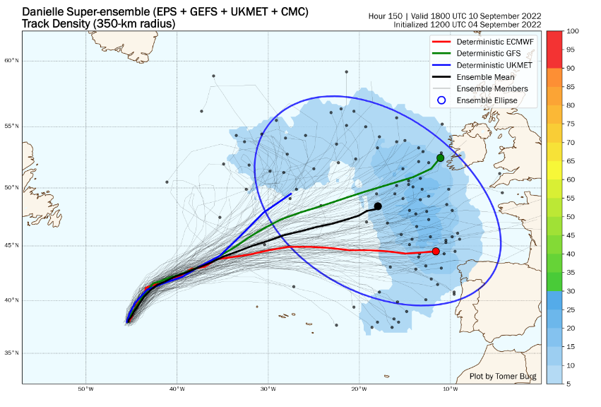 Estimaciu00f3n de los rumbos de Danielle para primera hora del su00e1bado con la trayectoria mu00e1s probable estimada por el ECMWF de la UE en Rojo y la media de todas las trayectorias estimadas en negro en mapa de Thomas Burg