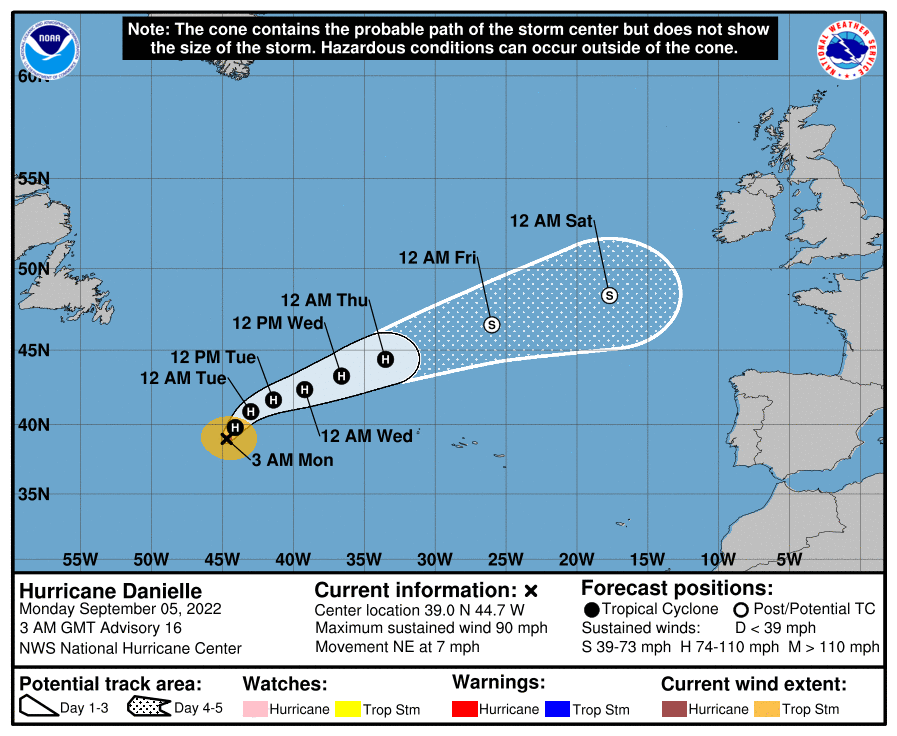 Mapa de previsiu00f3n a 5 du00edas del huracu00e1n Danielle publicado por el Centro Nacional de Huracanes de Estados Unidos