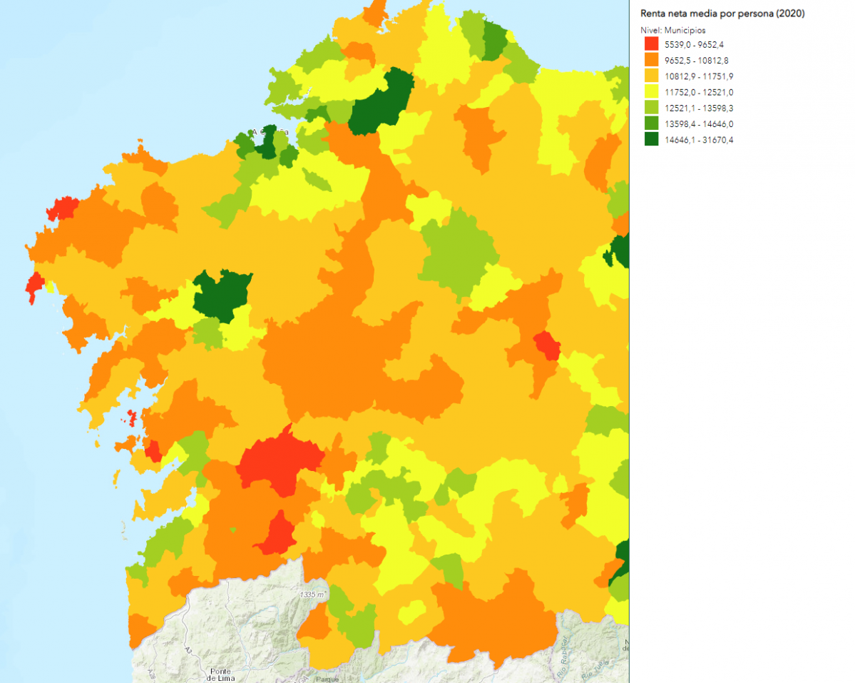 Renta por persona de los ayuntamientos gallegos en 2020 segu00fan el INE
