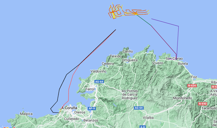Ubicaciu00f3n de las lu00edneas de evacuaciu00f3n de electricidad en el proyecto de parque eu00f3lico marino  Galwind a travu00e9s de San Cibrao y Arteixo, conexiones a las que tambiu00e9n aspiran los otros proyectos presentados para esa misma zona