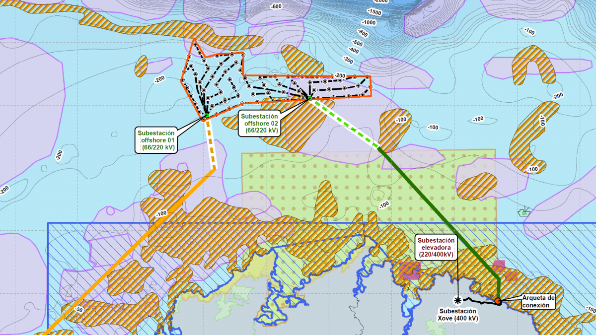 Mapa en el plan del Parque Eu00f3lico Marino Galwind con conexiones en San Cibrao y Sabu00f3n en una imagen publicada por ADEGA procedente de la documentaciu00f3n oficial