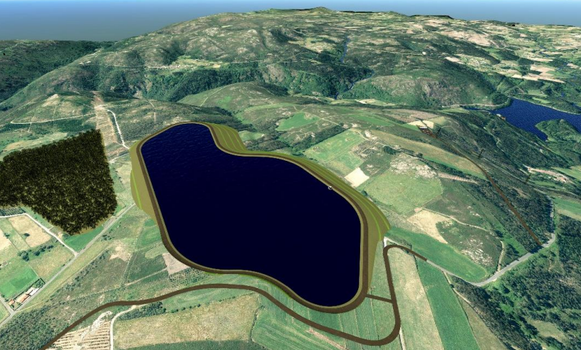 Simulaciu00f3n en 3D de la balsa superior de la central de bombeo en el Ru00edo Tambre en la documentaciu00f3n remitida por Capital Energy al Ministerio de Transiciu00f3n Ecolu00f3gica