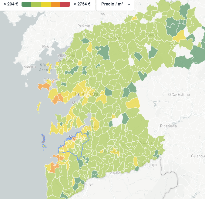 Mapa de precios de viviendas en la Porvincia de Pontevedra en una imagen de realadvisor.es