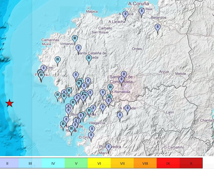 Mapa de poblaciones en las que se sintiu00f3 el terremoto del 29 de diciembre en la web del IGN marcadas en funciu00f3n de la intensidad comunicada por los ciudadanos