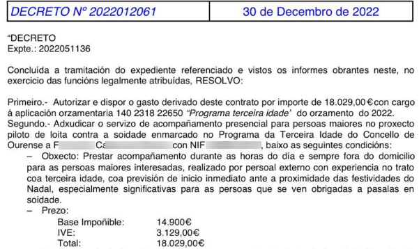 Extracto del decreto de adjudicaciu00f3n del contrato de acompau00f1amiento presencial a mayores del ayuntamiento de Ourense