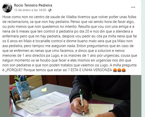 Post de Facebook de Rocio Tenreira denunciando falta de pediatras