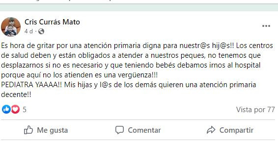 Post de Facebook de Cris Mato denunciando falta de pediatras en Vilalba