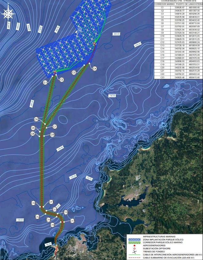 Ubicaciu00f3n del los aerogeneradores y lu00edneas de evacuaciu00f3n del Parque Eu00f3lico Marino Nordu00e9s en la documentaciu00f3n remitida por la promotora Blue Foat al MITECO