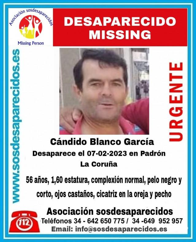 Cándido Blanco García, hombre de 56 años desaparecido desde el 7 de febrero en Padrón (A Coruña).