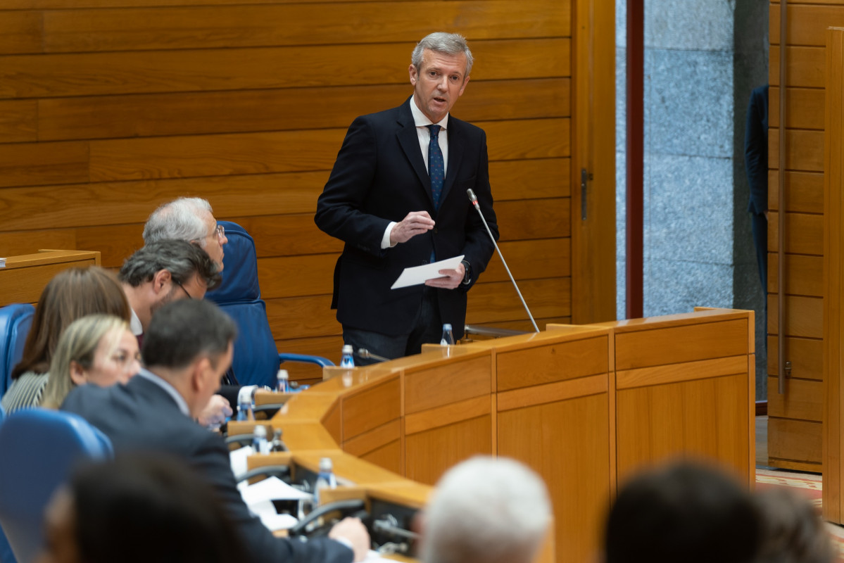 El presidente de la Xunta, Alfonso Rueda, responde a las preguntas de la oposición en el Parlamento. Pazo do Hórreo, Santiago de Compostela, 22/02/23.