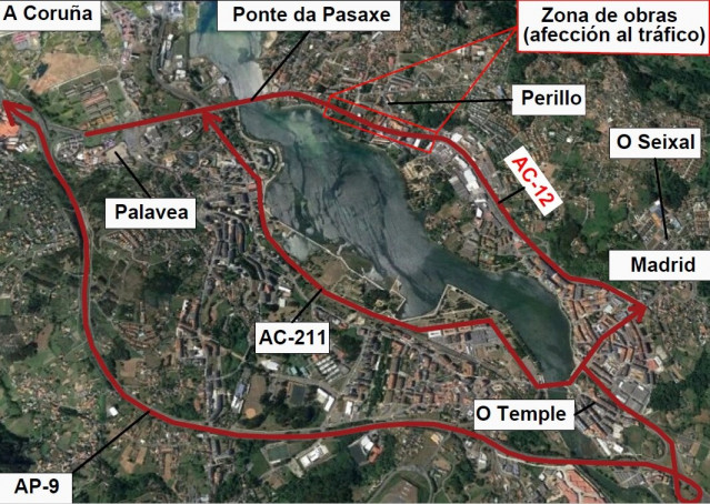 Afectaciones al tráfico por las obras del nuevo enlace del 'Sol y Mar' en la carretera AC-12 en Perillo, en el término municipal de Oleiros (A Coruña