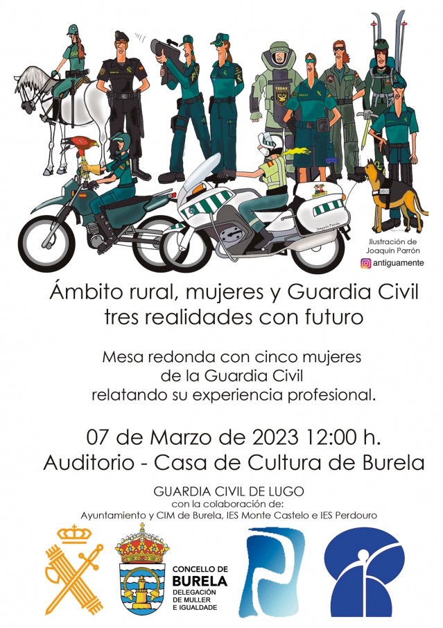Cartel de la jornada sobre la mujer en la Guardia Civil, que se celebra el 7 de marzo de 2023 en Burela (Lugo).