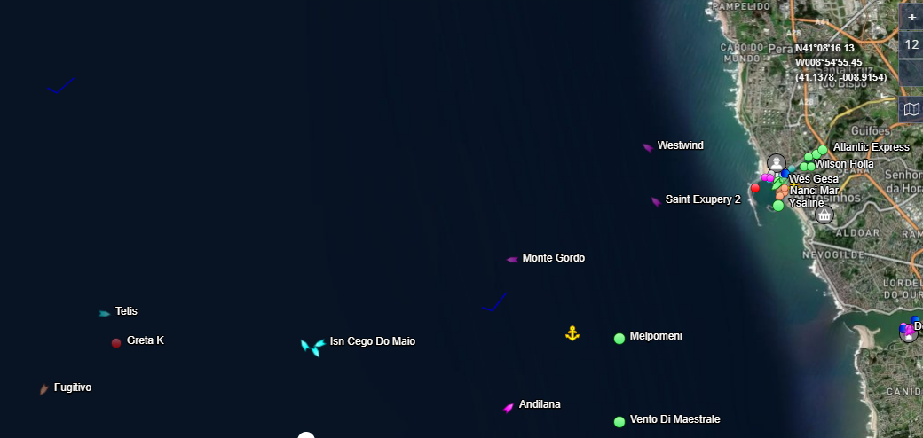 Situaciu00f3n del Greta K frente a la Foz de Douro en una mapa de Marine Traffic a las 20 horas del jueves