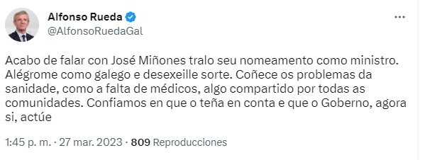 El presidente de la Xunta, Alfonso Rueda, felicita a Miñones tras su nombramiento como ministro y pide que 