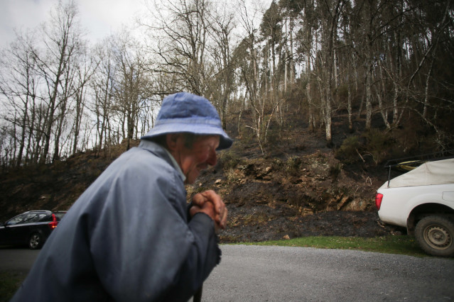 Un hombre camina junto al monte quemado por un incendio forestal, a 30 de marzo de 2023, en Baleira, Lugo, Galicia (España).