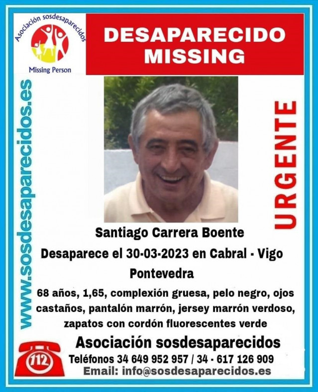 Santiago Carrera Boente, hombre de 68 años desparecido en Vigo el 30 de marzo de 2023