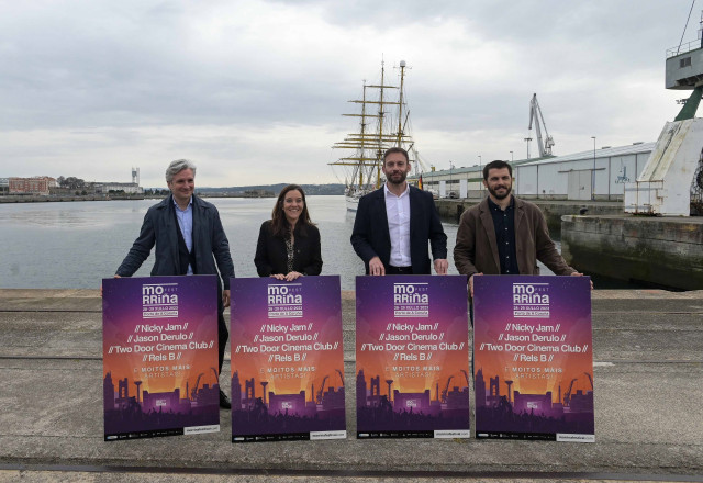 La alcaldesa de A Coruña, Inés Rey, ha presentado este evento musical acompañada por el delegado territorial de la Xunta, Gonzalo Trenor; el codirector del 'Morriña Fest', Álvaro Yáñez; y el responsable de patrocinios musicales de Hijos de Rivera