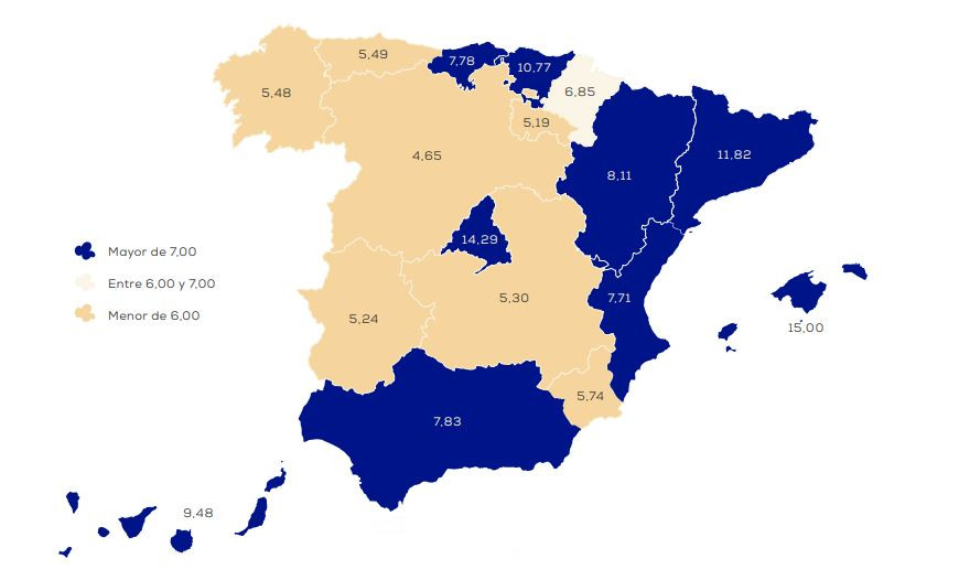 Precios por metro cuadrado por autonomu00edas en pisos de alquiler segu00fan el estudio de Pisos com del mes de abril de 2023