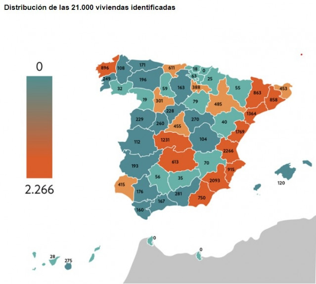Archivo - Mapa por provincias de las 21.000 viviendas que Sareb tiene a disposición de las CCAA y que podrían incorporarse al parque público de alquiler, a febrero de 2023.