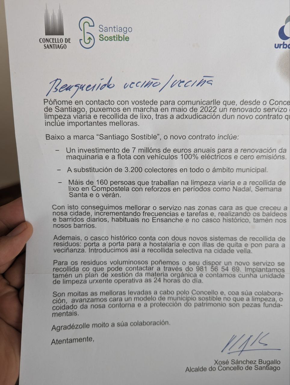 Carta del alcalde de Santiago y candidato del PSOE al 28M, Xosé Sánchez Bugallo, cuya distribución para la Junta Electoral de Zona.