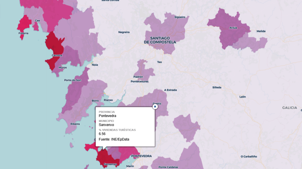 Captura del mapa sensible de porcentaje de pisos turu00edsticos por ayuntamiento
