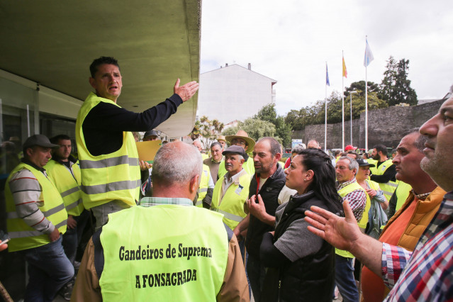 Lugo. Decenas de ganaderos productores de ternera suprema protestan ante la delegación de la Xunta de Galicia en Lugo durante la reunión que mantienen con el onselleiro de Medio Rural, José González, para aumentar las ayudas a los productores.