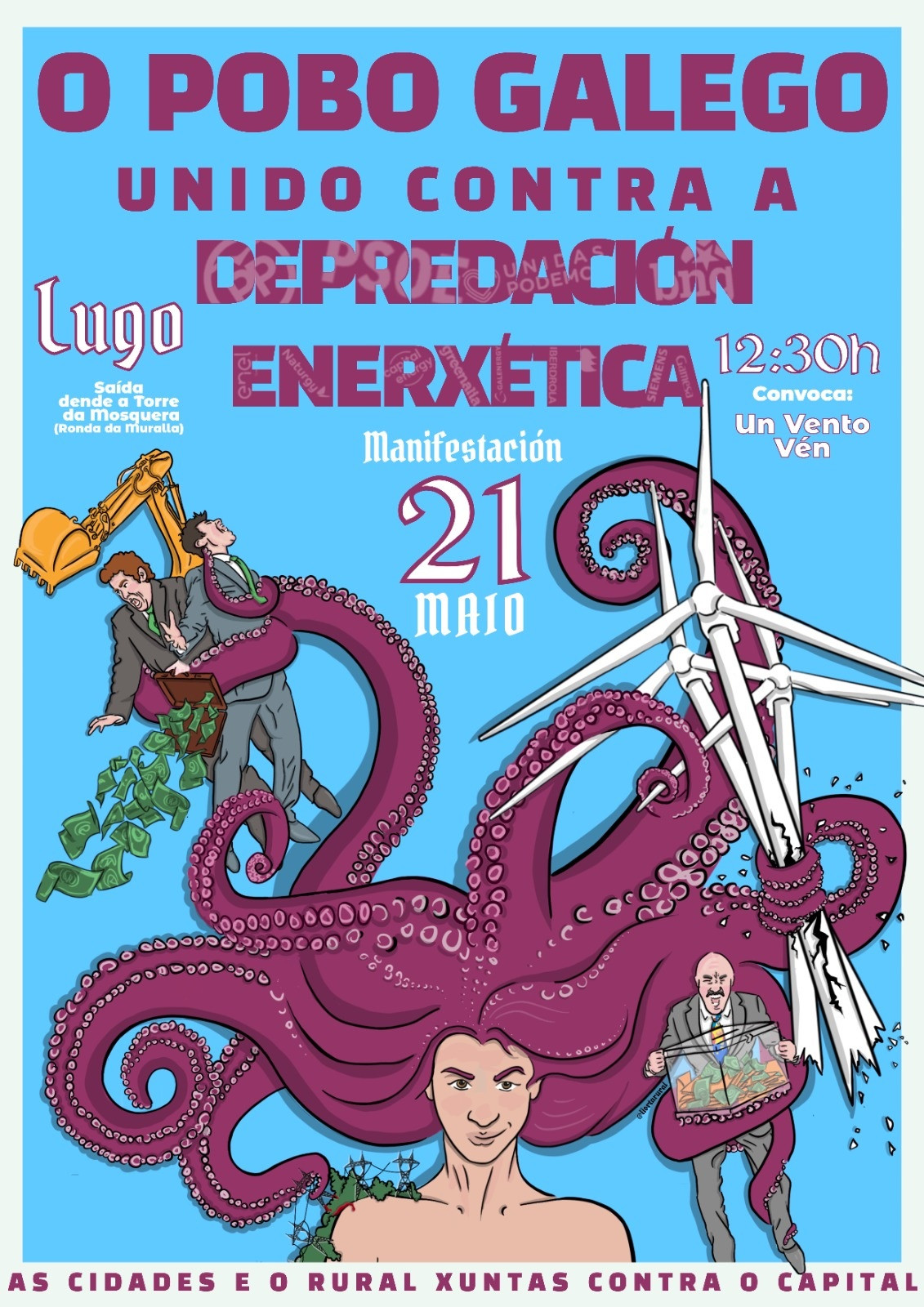 Cartel de manifestación convocada en contra de los eólicos el 21 de mayo de 2023 en Lugo