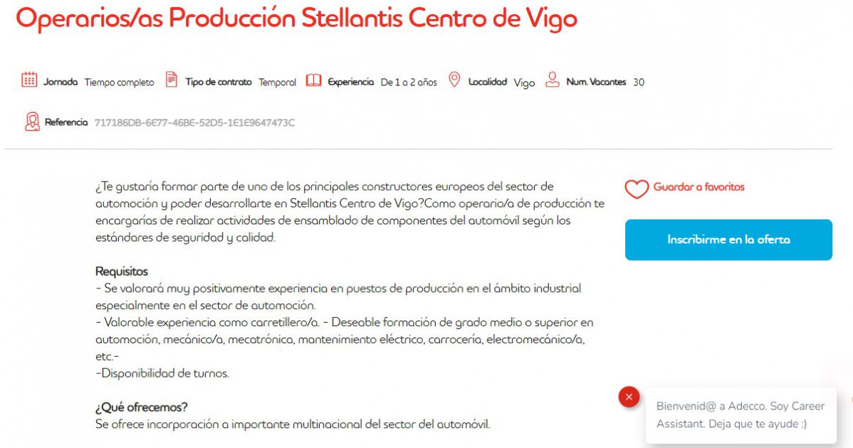Oferta de empleo en Stellantis Vigo publicada por Adecco