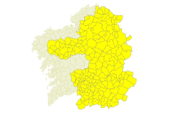 Zonas afectadas por aviso amarillo por tormentas y lluvias locales potencialmente fuertes este lunes elaborado por Metogalicia