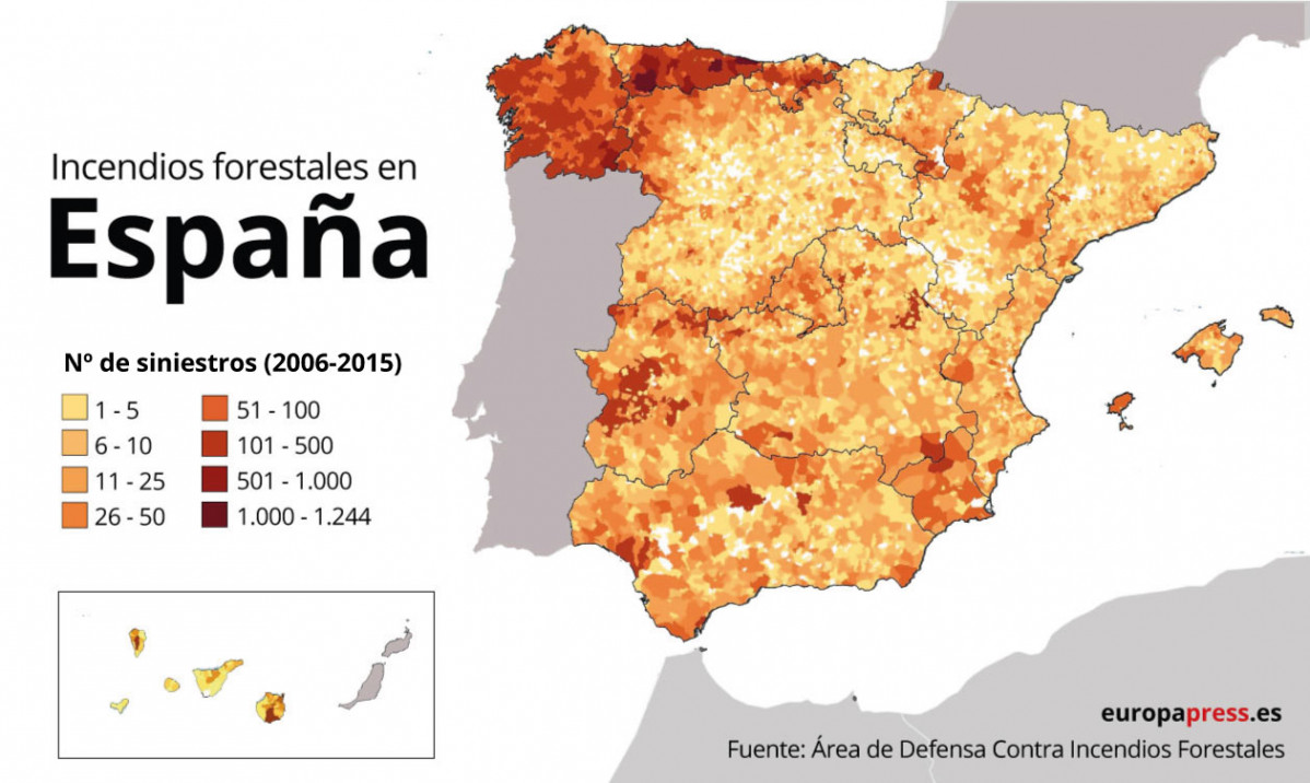 Zonas de Espau00f1a con mu00e1s incendios forestales