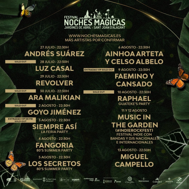 Cartel del Festival Noches Mágicas, que se celebrará del 27 de julio al 13 de agosto en los Jardines Abril de Sant Joan d'Alacant (Alicante).