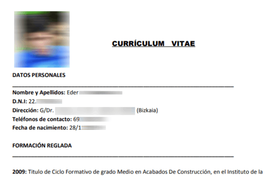 Captura de pantalla de Curru00edculum Vitae publicado por hackers robado de los servidores de euskaltel y censurado por Galiciapress