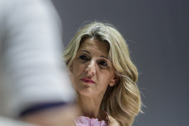 La líder de Sumar y vicepresidenta segunda y ministra de Trabajo y Economía Social, Yolanda Díaz, durante el acto 'Feminismo para Sumar' , en el Teatro Pavón, a 11 de julio de 2023, en Madrid (España).