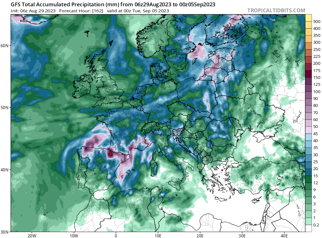 Prediciu00f3n de lluvias del modelo americano GFS para el inicio de la pru00f3xima semana