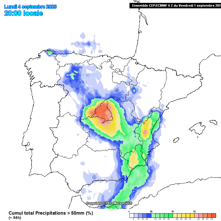 Probabilidad de mu00e1s de 50 litros de lluvia por metro cuadrado hasta el lunes segu00fan el modelo europeo EPS ECMWF