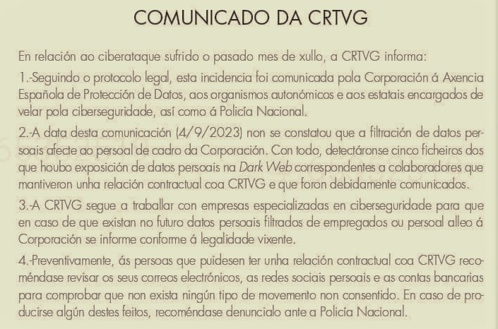 Comunicado de la CRTVG publicado en un periu00f3idico en papel el 4 de setembro de 2023 CC BY SA Praza Pu00fablica