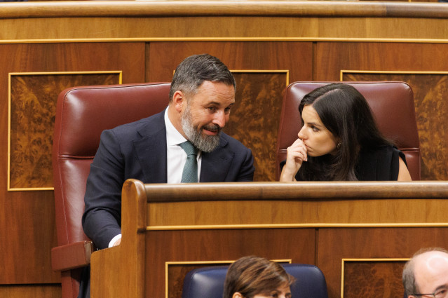 Archivo - El líder de Vox, Santiago Abascal, y la nueva portavoz de Vox en el Congreso, Pepa Millán.