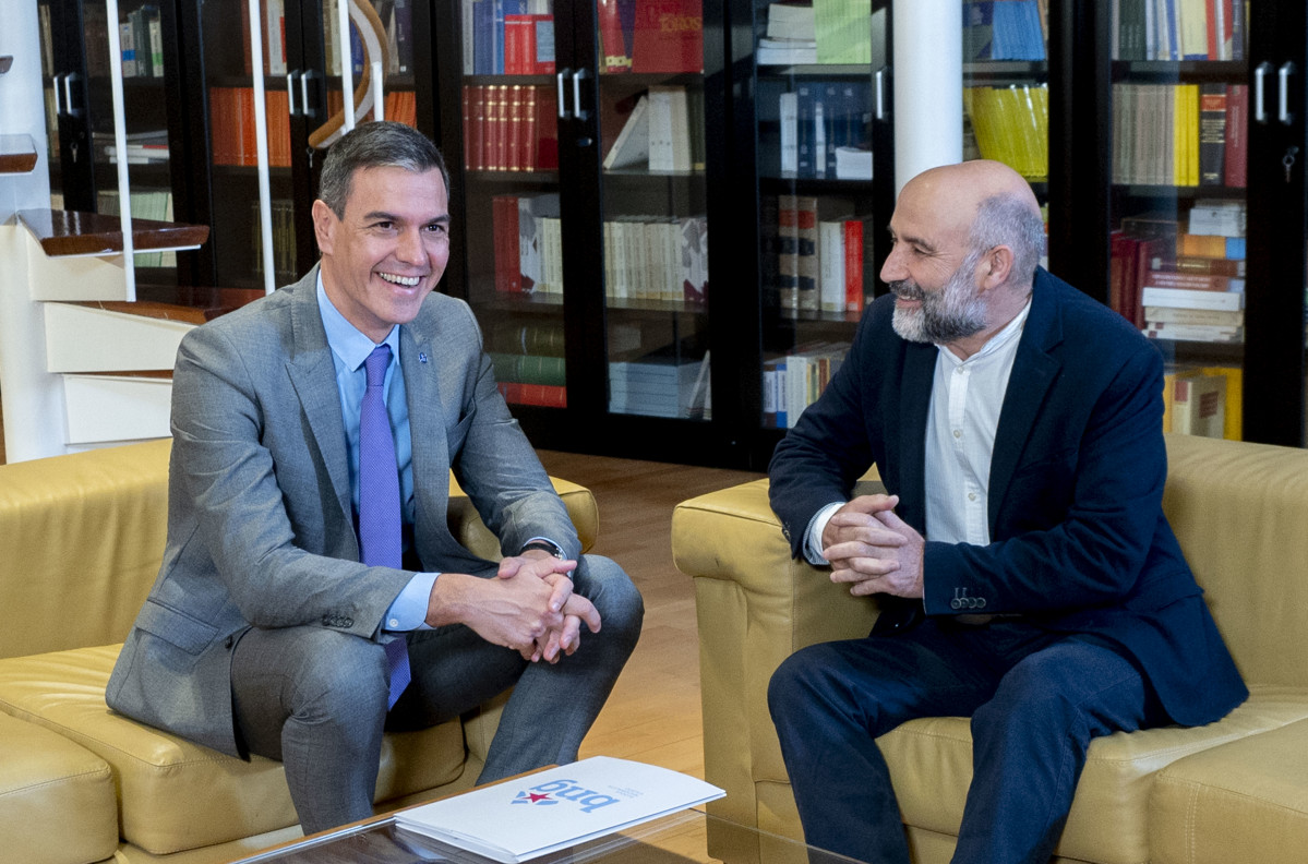 El presidente del Gobierno en funciones, Pedro Sánchez (i), se reúne con el diputado de BNG Néstor Rego (d), durante su ronda de contactos, a 10 de octubre de 2023, en Madrid (España). El presiden