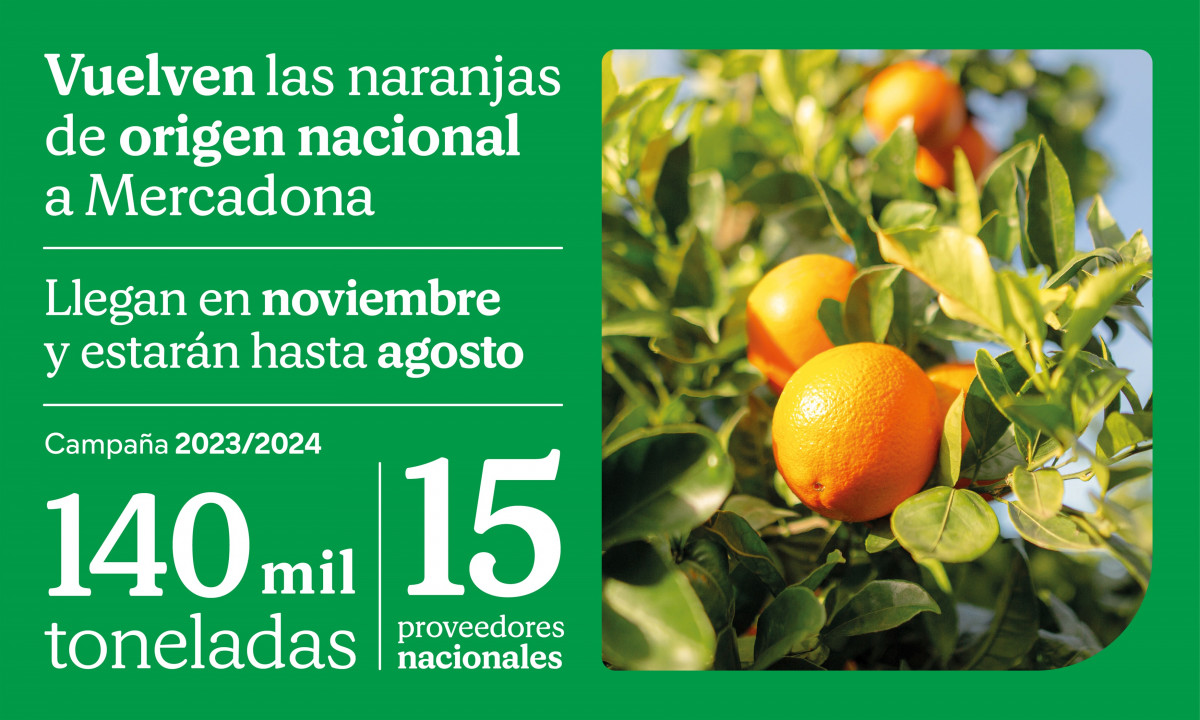 La campaña nacional de la naranja en Mercadona, compañía de supermercados físicos y de venta online que prevé comercializar durante la campaña 2023/24 más de 140.000 toneladas de este cítrico,