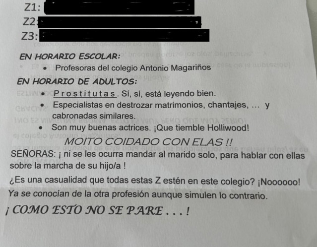 Cartas enviadas a la comunidad educativa de un colegio de Cambados en las que se insulta a varias profesoras