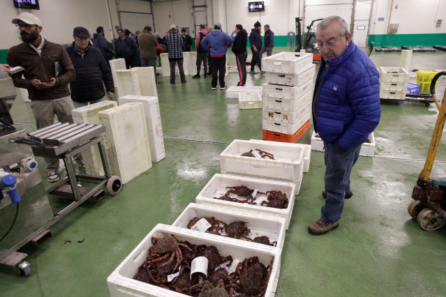 Archivo - Un hombre observa unas cajas con centollos en la lonja de Burela, a 15 de diciembre de 2022, en Burela, Lugo, Galicia, (España). Este año ha pasado por las rulas gallegas la menor cantidad de pescado y marisco en casi dos décadas. Esto indica qu