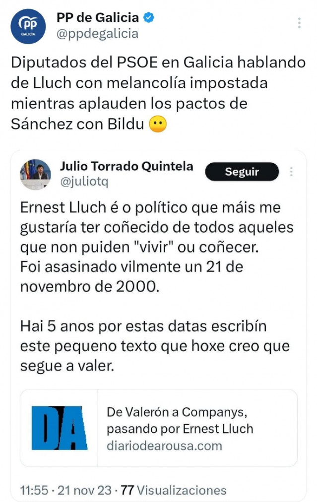 El PSdeG recuerda a Ernest Lluch, asesinado por ETA, y el PPdeG ve 