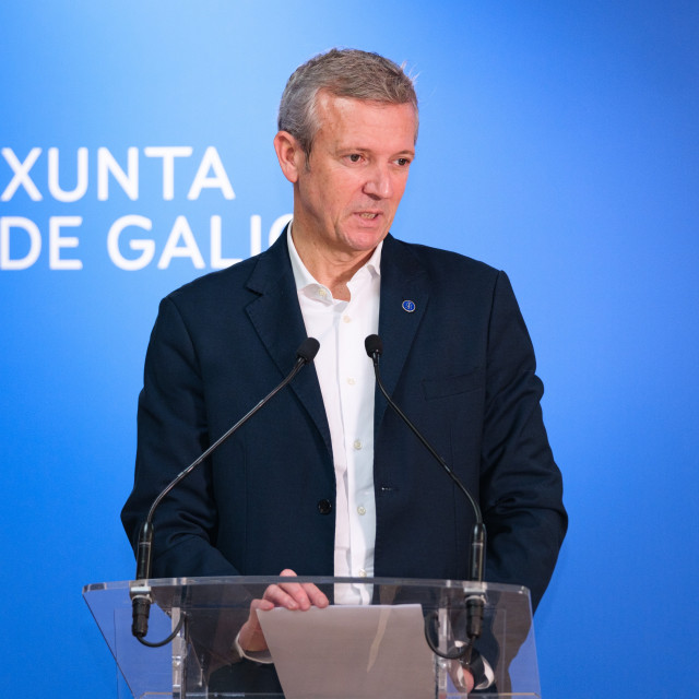 El presidente de la Xunta, Alfonso Rueda, este miércoles en Poio (Pontevedra)
