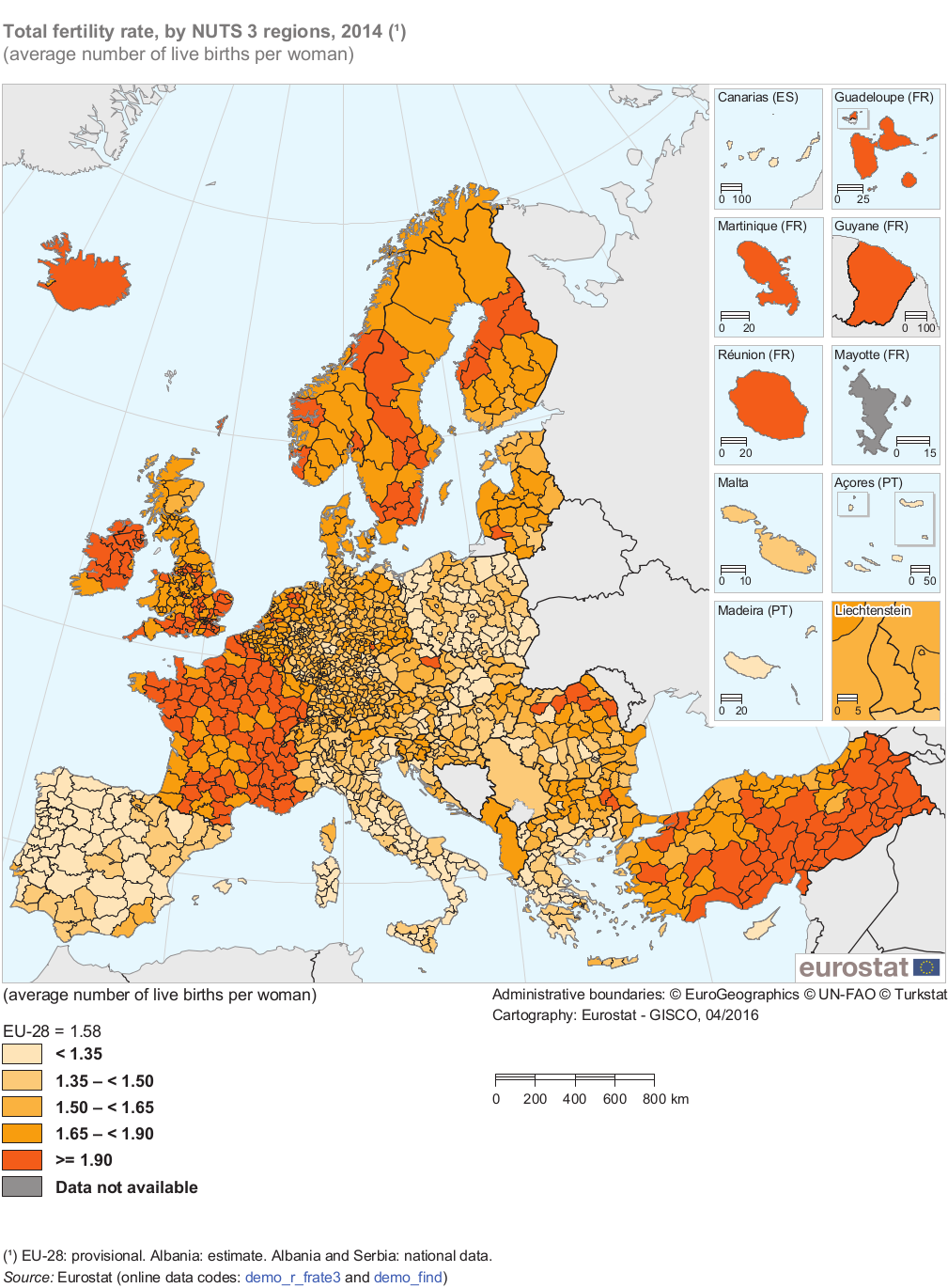 Datos de fertilidad en Europa en 2014 en un mapa de Eurostat