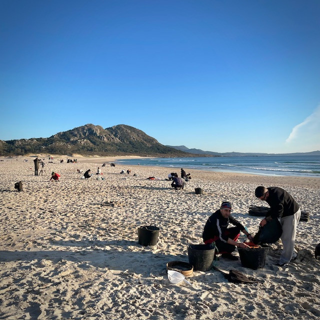 Voluntarios recogiendo pellets llegados a Louro en una foto de Eduardo Navarro