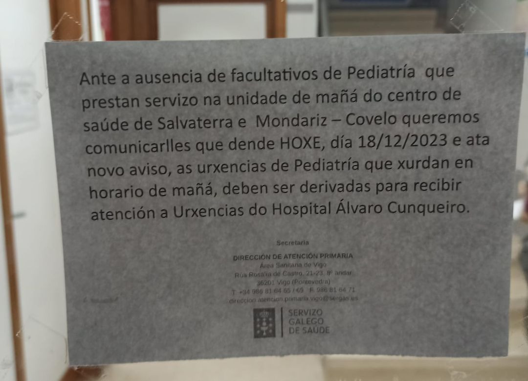 Cartel del SERGAS advirtiendo de la falta de pediatras en Salvaterra y Mondariz en diciembre en una imagen del Facebook de Manuel Rodríguez