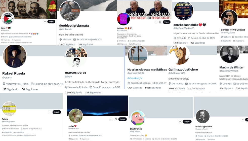 Fotomontaje de los 13 perfiles sospechosos seu00f1alados por el PP en su dossier titulado Galicia Perfu00eds Falsos na Conversa Dixital Reporte de Anu00e1lise Dixital