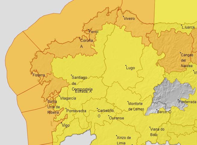Niveles de avisos meteoru00f3ligicos de AEMET para Galicia el jueves